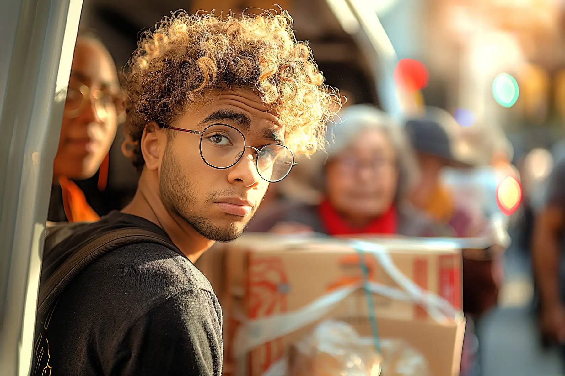 Young man with curly hair volunteering at a food drive, concept of youth activism and community engagement