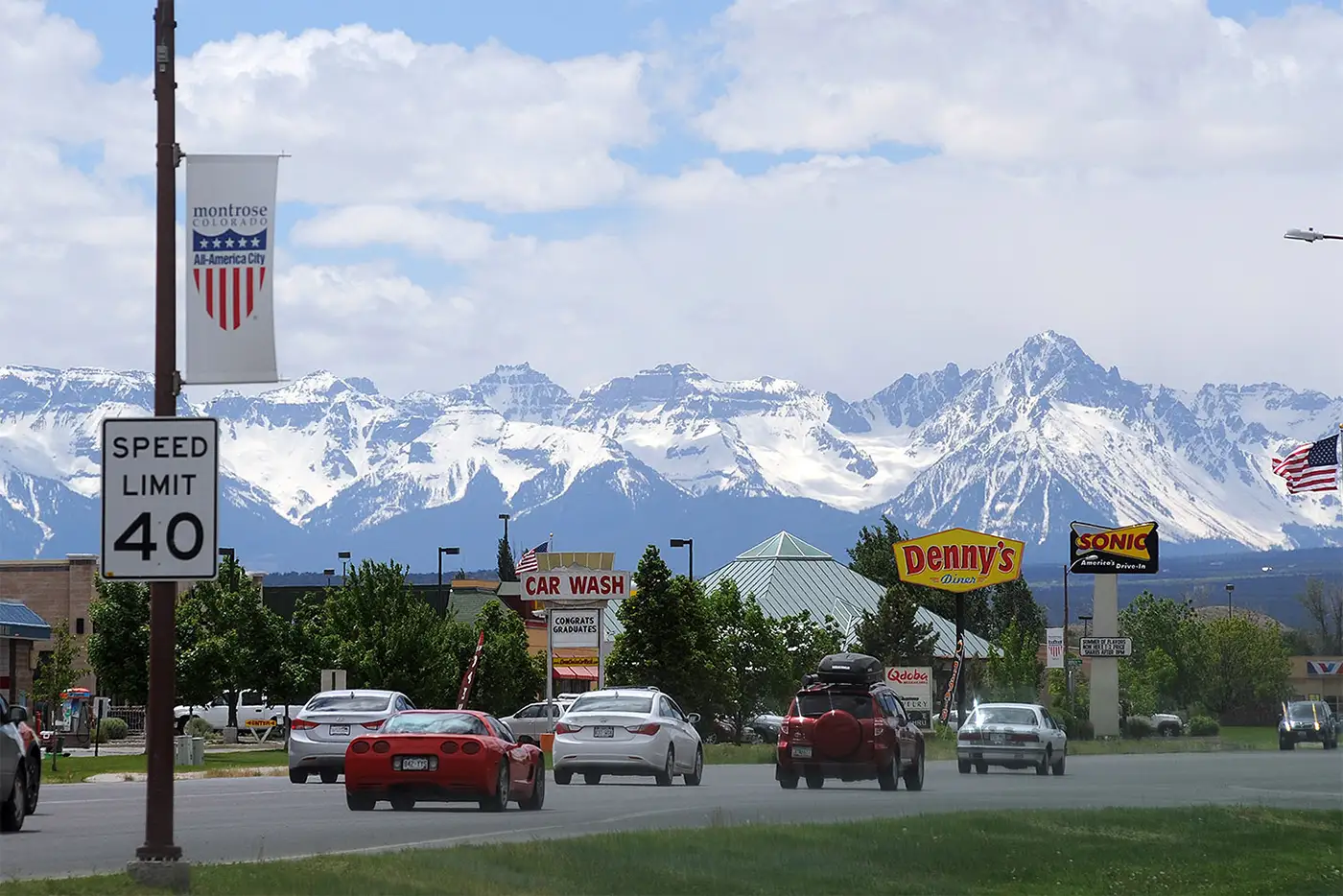 The San Juan Mountains seen from Montrose's South Townsend Avenue.